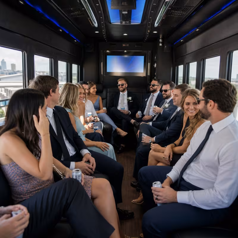 Wedding guests seated inside a Kansas City party bus
