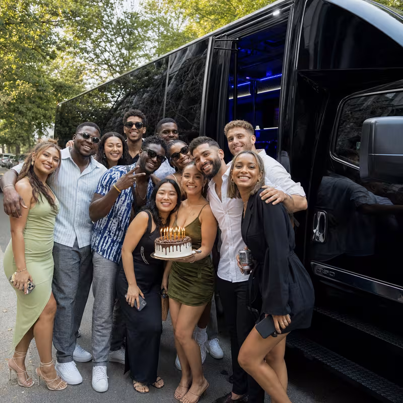Party bus interior with wraparound leather seating and LED lighting in Kansas City