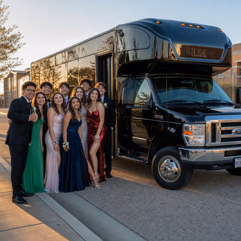 Group boarding a white charter bus for Prom & Homecoming Transportation transportation in Kansas City